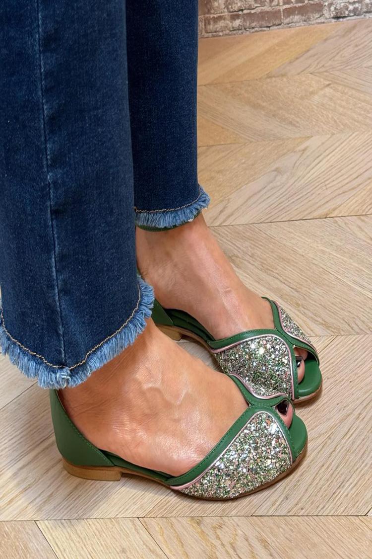 Sandali verdi con cinturino alla caviglia, fibbia e punta aperta e glitter [Pre-ordine]