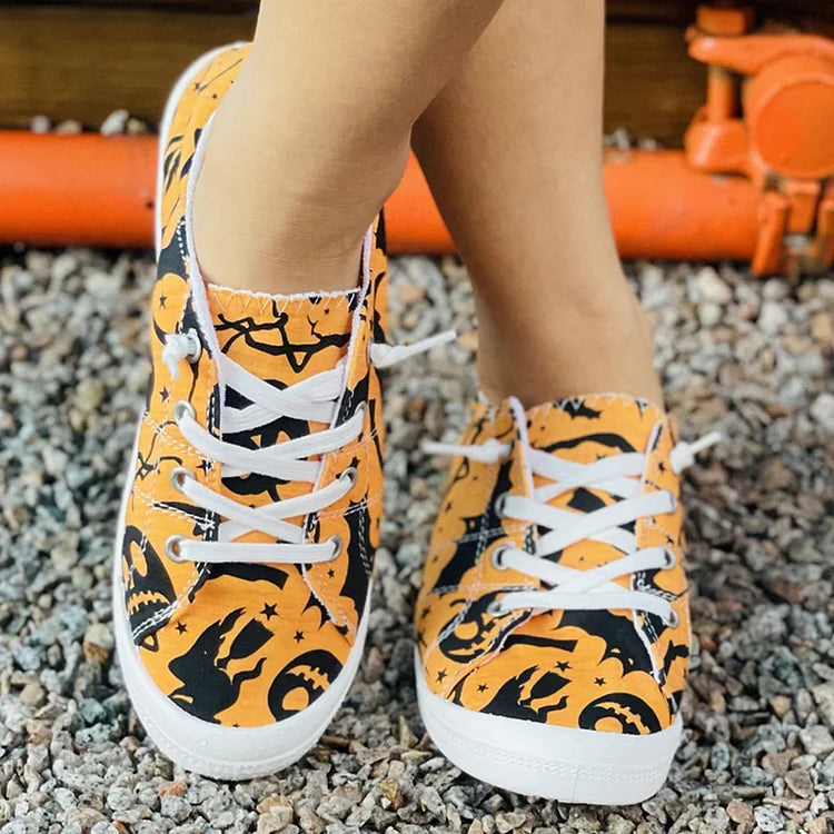 Halloween Pumpkin Bat Print Lace Up Canvas Casual Shoes