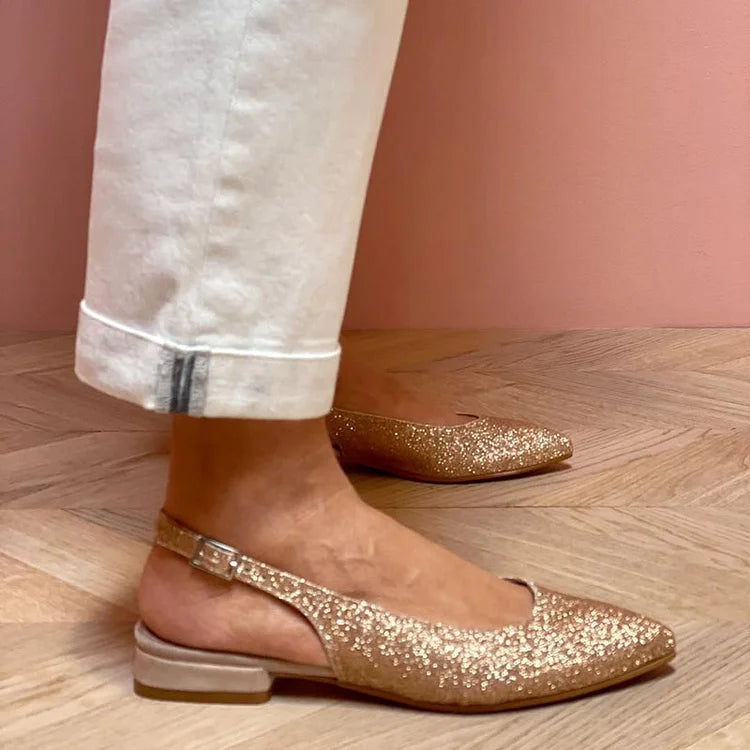 Pointed Toe Metallic Sheen Glitter Slingback Gold Flats