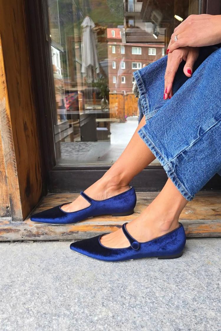 Ballerine blu navy con punta a punta, cinturino sul collo del piede in velluto tinta unita [Pre-ordine] 