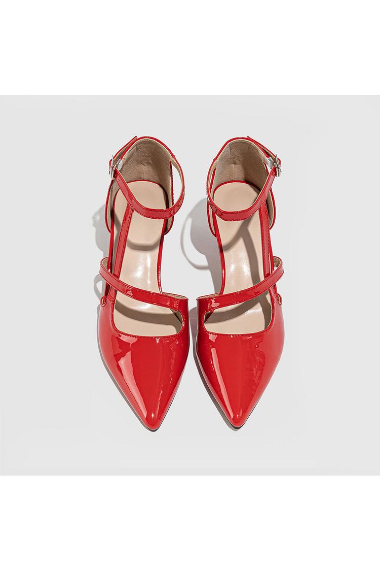 Scarpe con tacco a spillo a punta, con cinturino alla caviglia incrociato irregolare, tinta unita e fibbia
