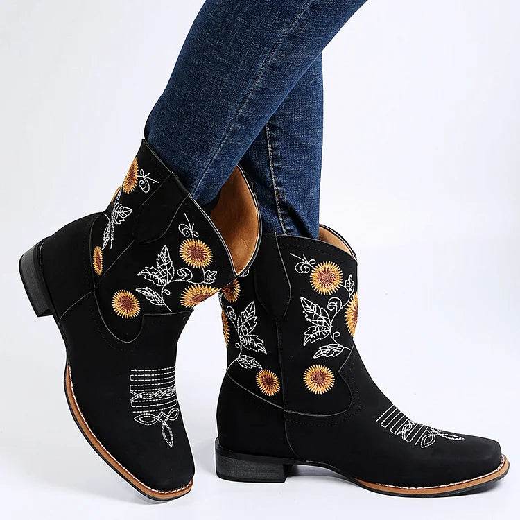 Sunflower Embroidery Stitch Detail Square Toe Cowgirl Boots