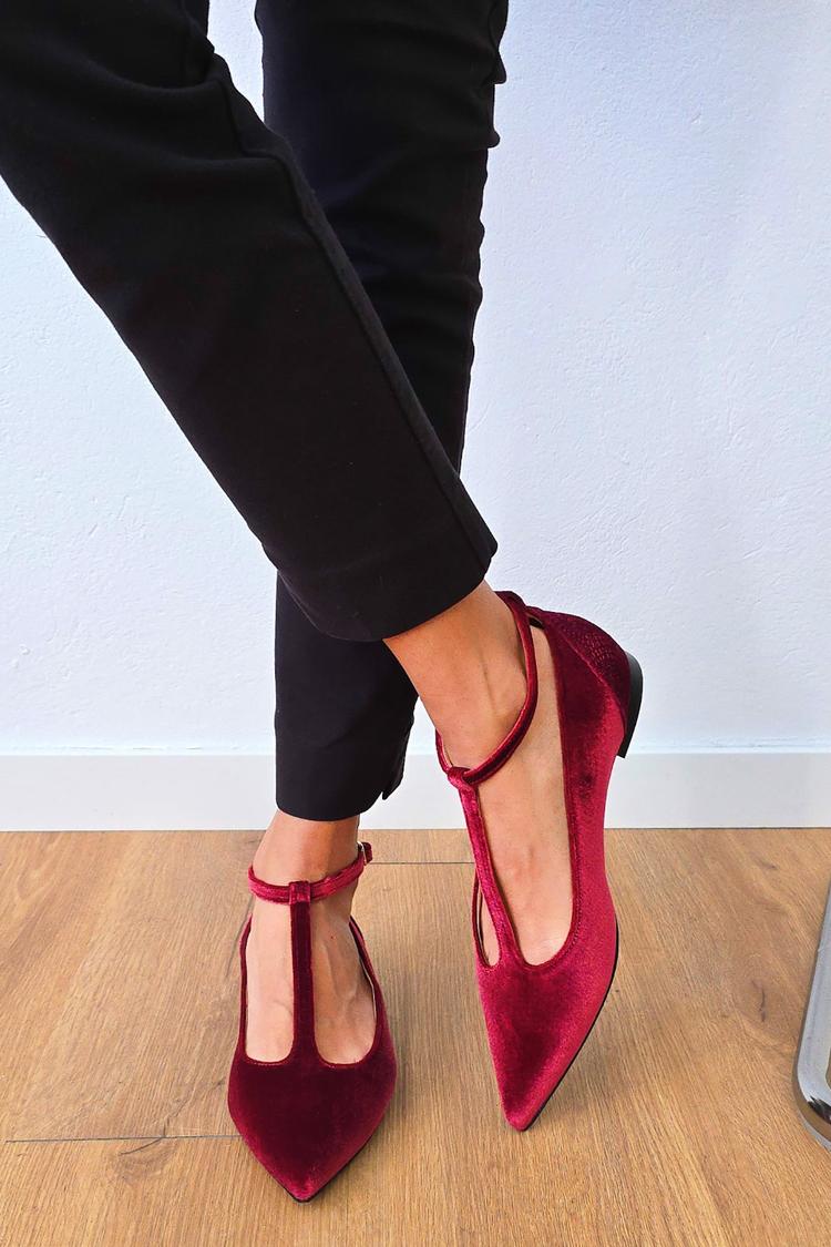 Patchwork T-Shaped Ankle Strap Pointy Toe Buckle Burgundy Flats [Pre Order]