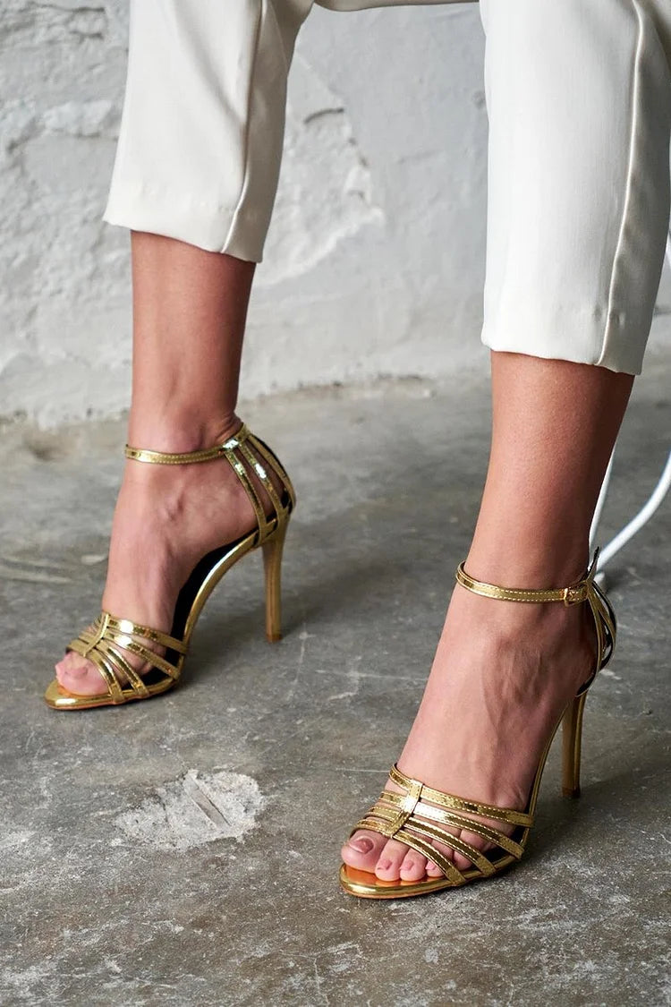Charming Ankle Buckle Strap Open Toe Hollow Out Gold Stiletto Heels [Pre Order]