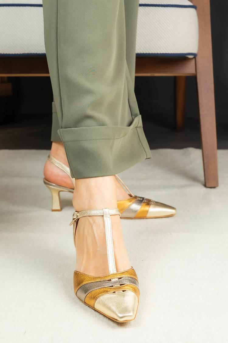 Colorblock T-Strap Buckle Square Toe Gold Low Heels [Pre Order]