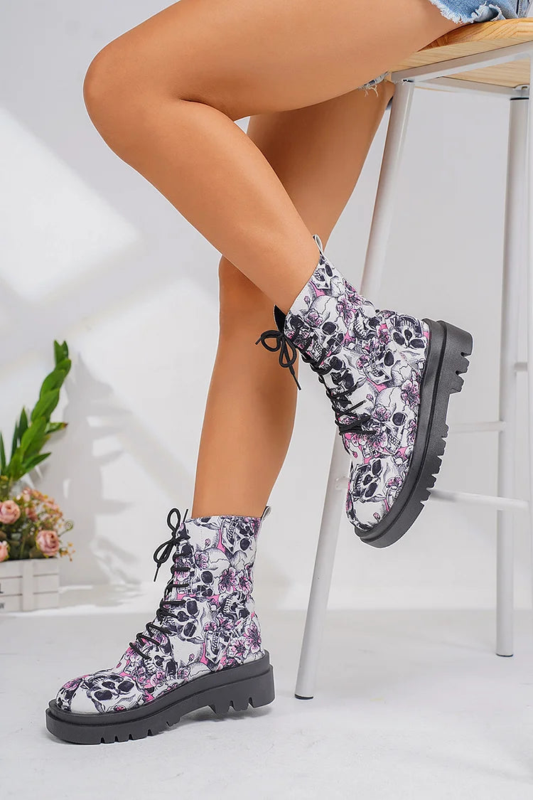 Flower Skull Print Round Toe Casual Lace Up Ankle Boots