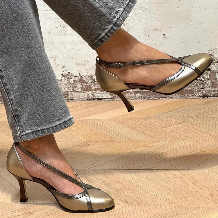 Scarpe con tacco a spillo color champagne con cinturino incrociato patchwork [Pre-ordine]