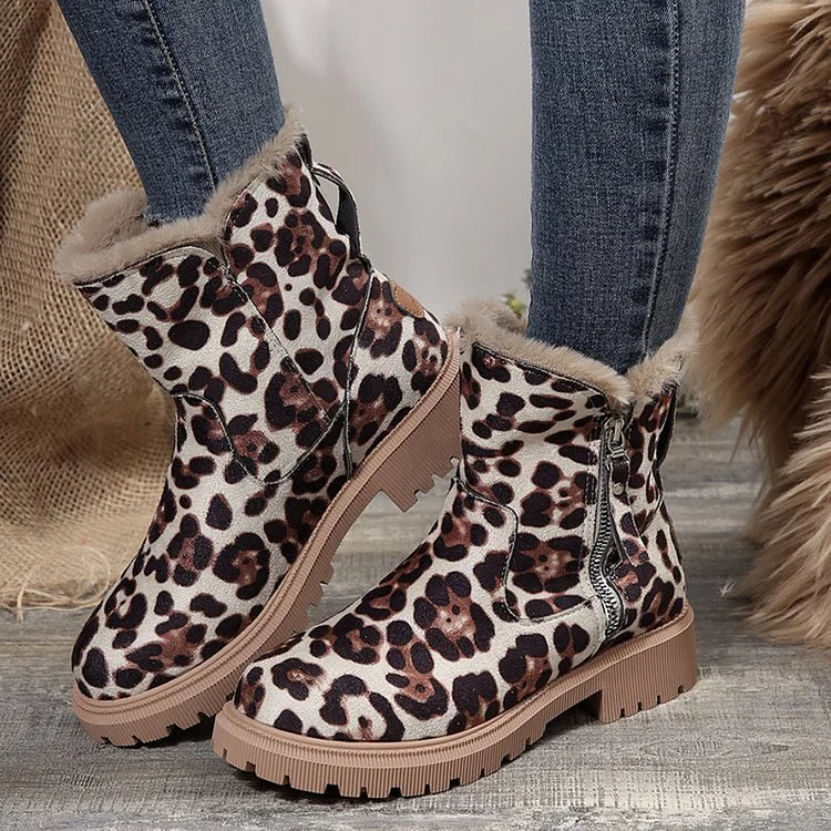 Leopard Print Patchwork Round Toe Faux Fur Lined Zipper Snow Boots