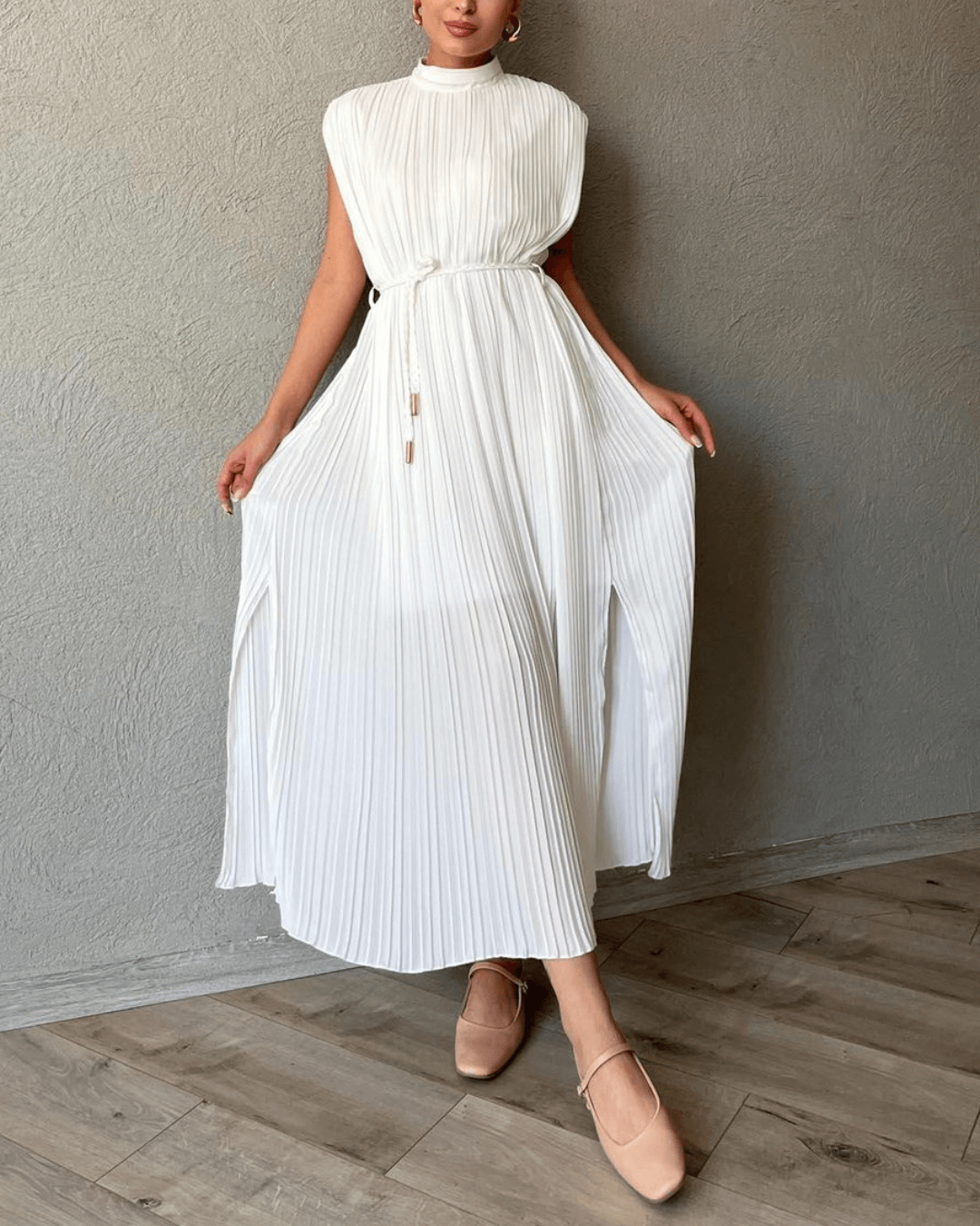 Ecru Pleated High Neck Midi Dress