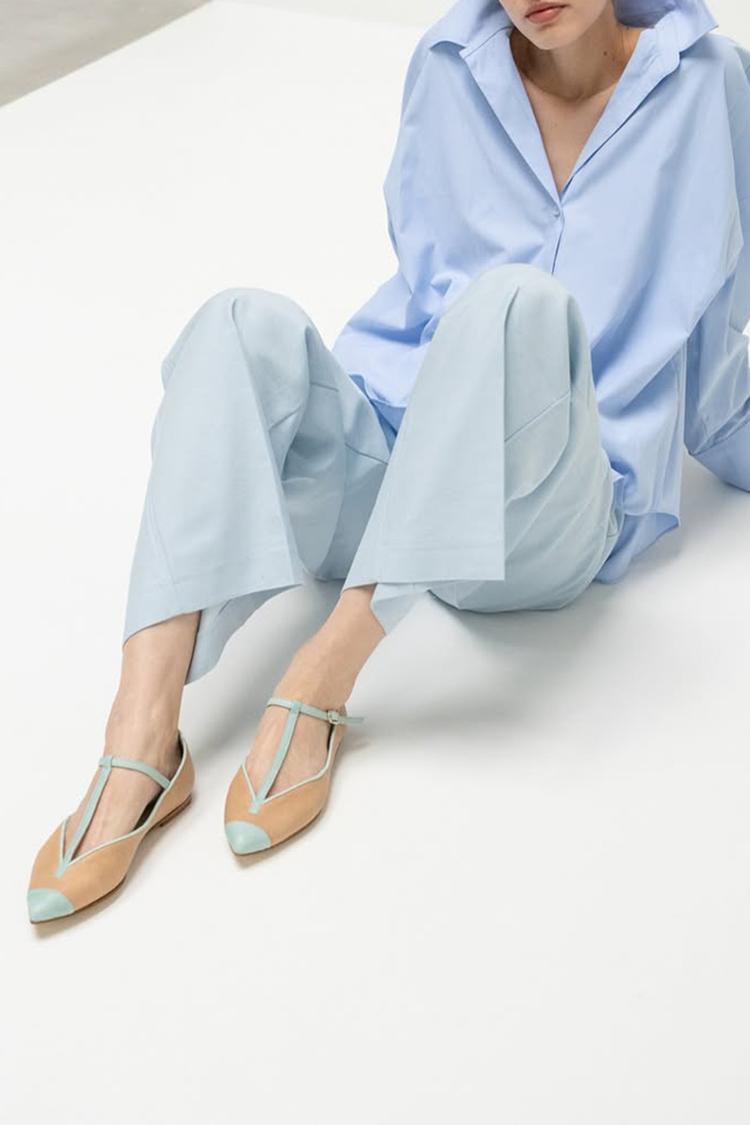 Colorblock T-Strap Buckle Pointed Toe Light Brown Flats [Pre Order]