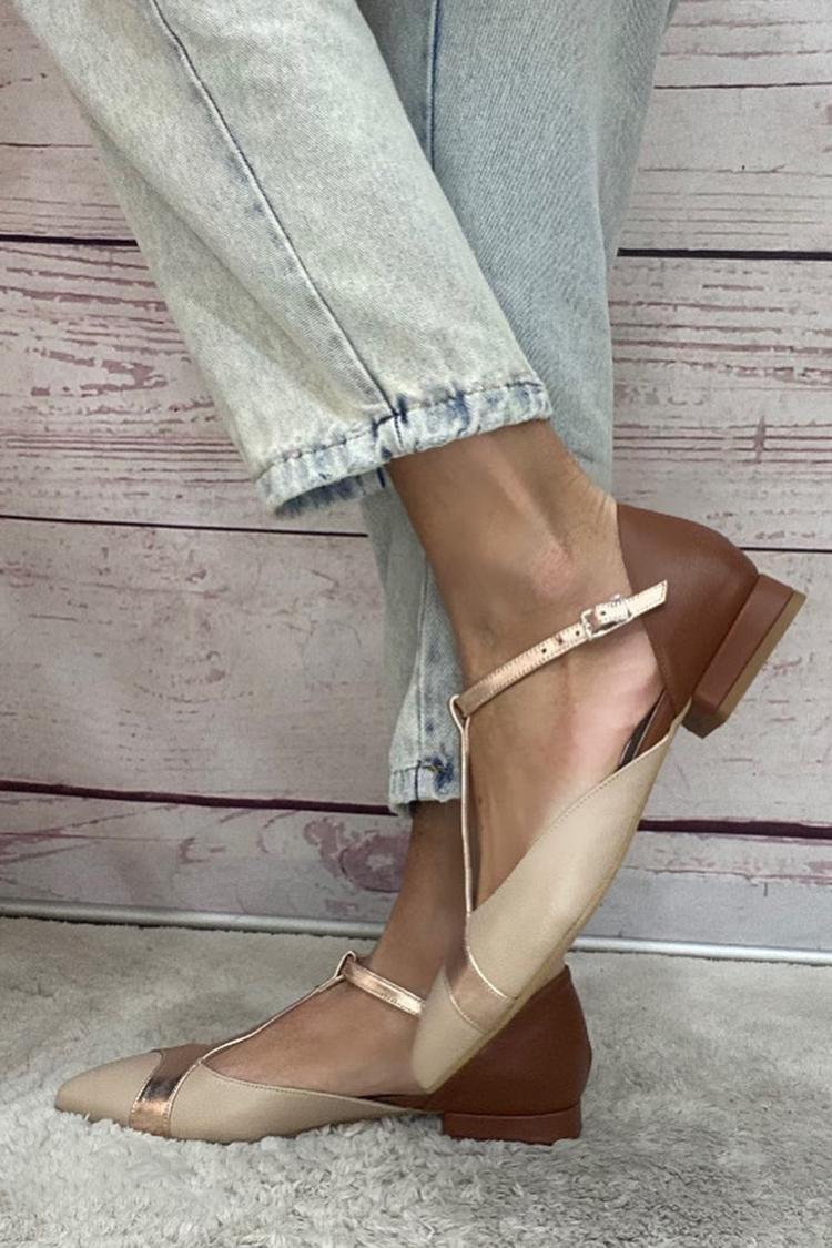 Patchwork sandały z paskiem w kształcie litery T, klamra, kolorowe, spiczasty nosek, khaki baleriny [Przedsprzedaż]