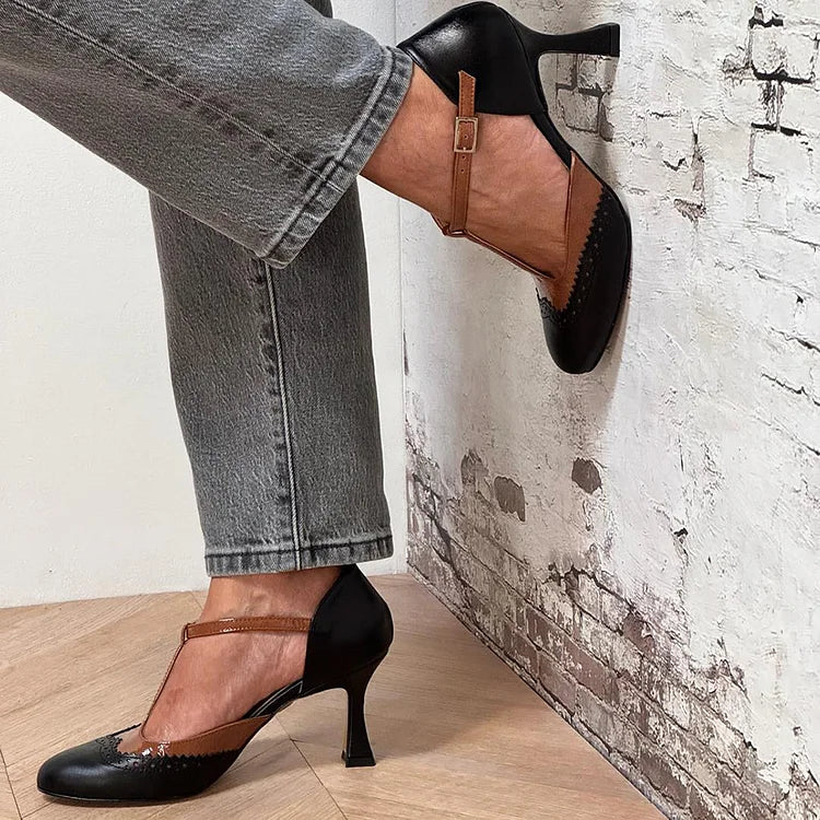 Colorblock T-Strap Buckle Round Toe Black Stiletto Heels