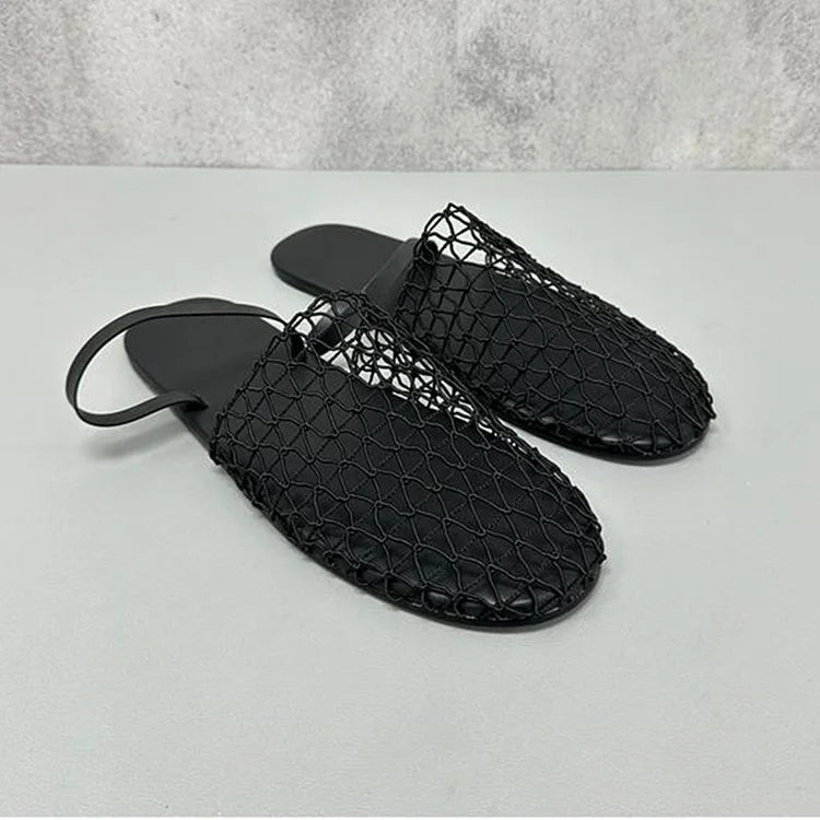 Hollow Out Fishnet Round Toe Casual Flat Sandals