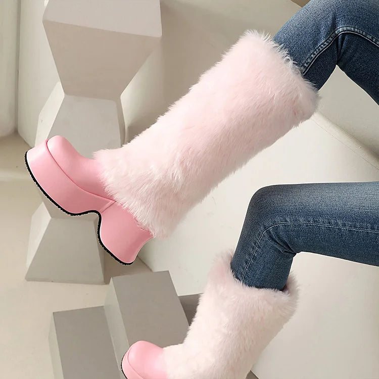 Faux Fur Trim Round Toe Chunky Heel Platform Long Boots