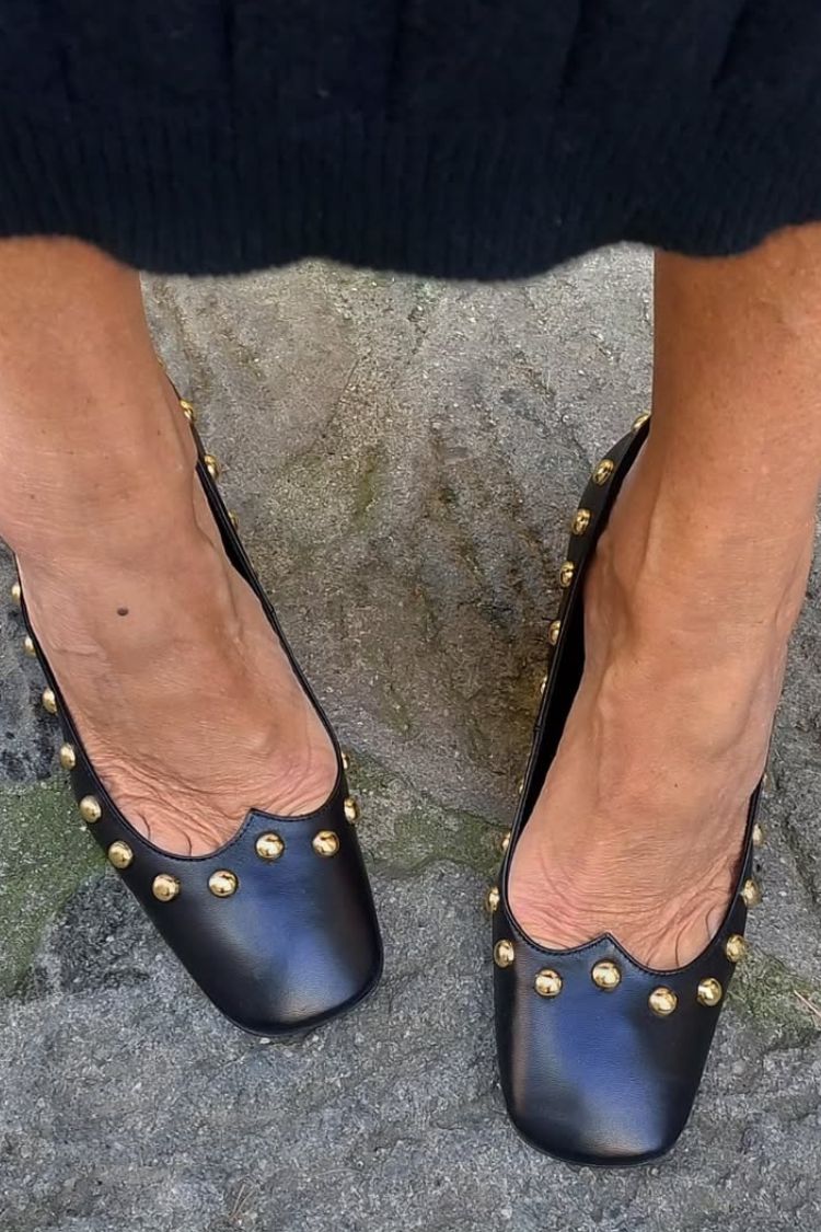 Black Square Toe Studded Slip-On Versatile Minimalist Mid Heels [Pre Order]
