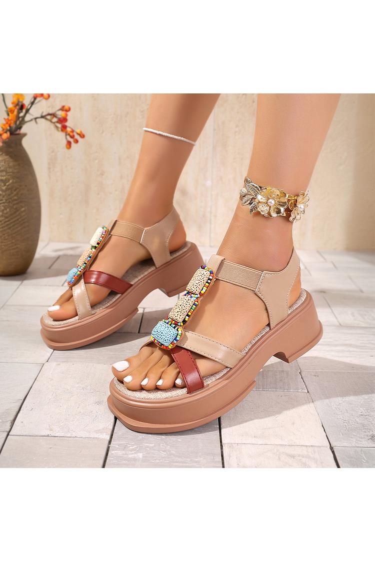 Mehrfarbige Perlen Dekor T-Riemen Rund Zehen Freizeit Outdoor Sandalen