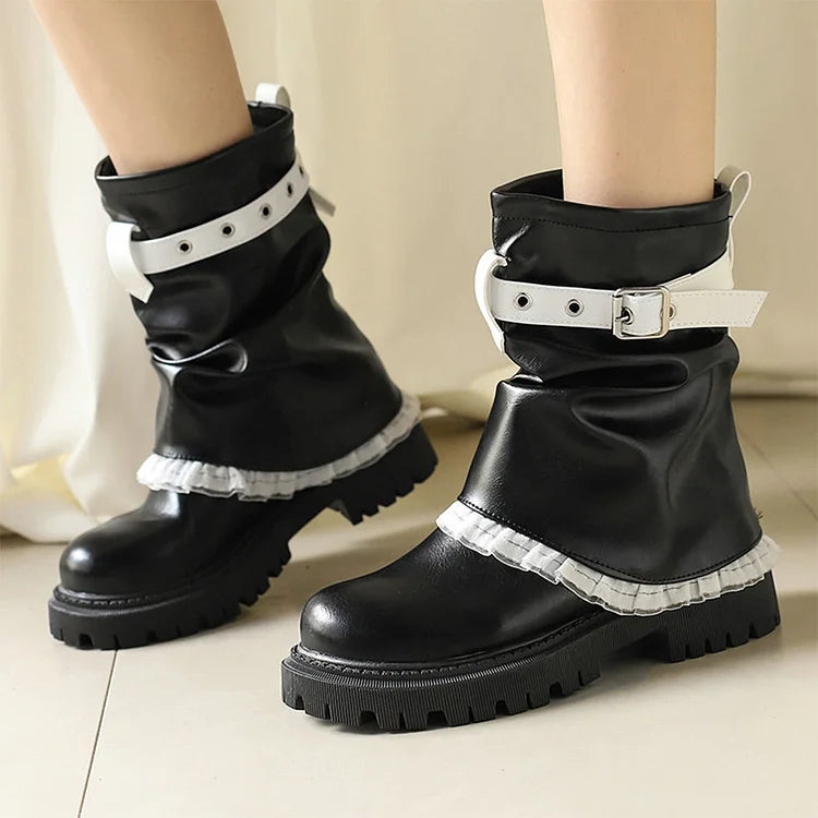 Colorblock Strap Buckle Lace Patchwork Fold Over Round Toe Ankle Boots