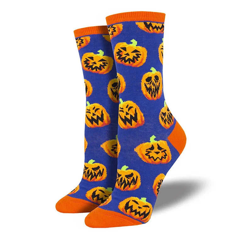 Calcetines de media pantorrilla con estampado de esqueleto, búho, calabaza, hoja de arce y bruja para Halloween 