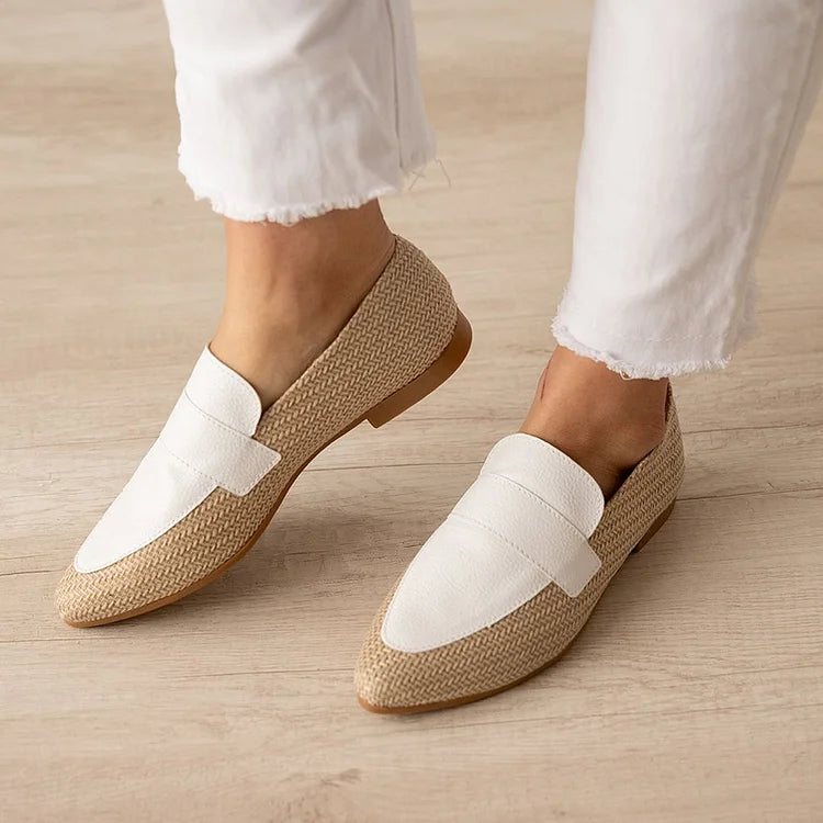 Colorblock Woven Textured Pointed Toe Khaki Loafers [Pre Order]