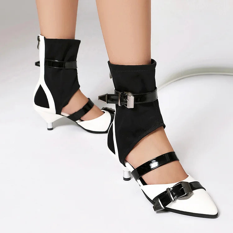 Sandali alti con cinturini multipli colorblock e fibbie, punta affilata 