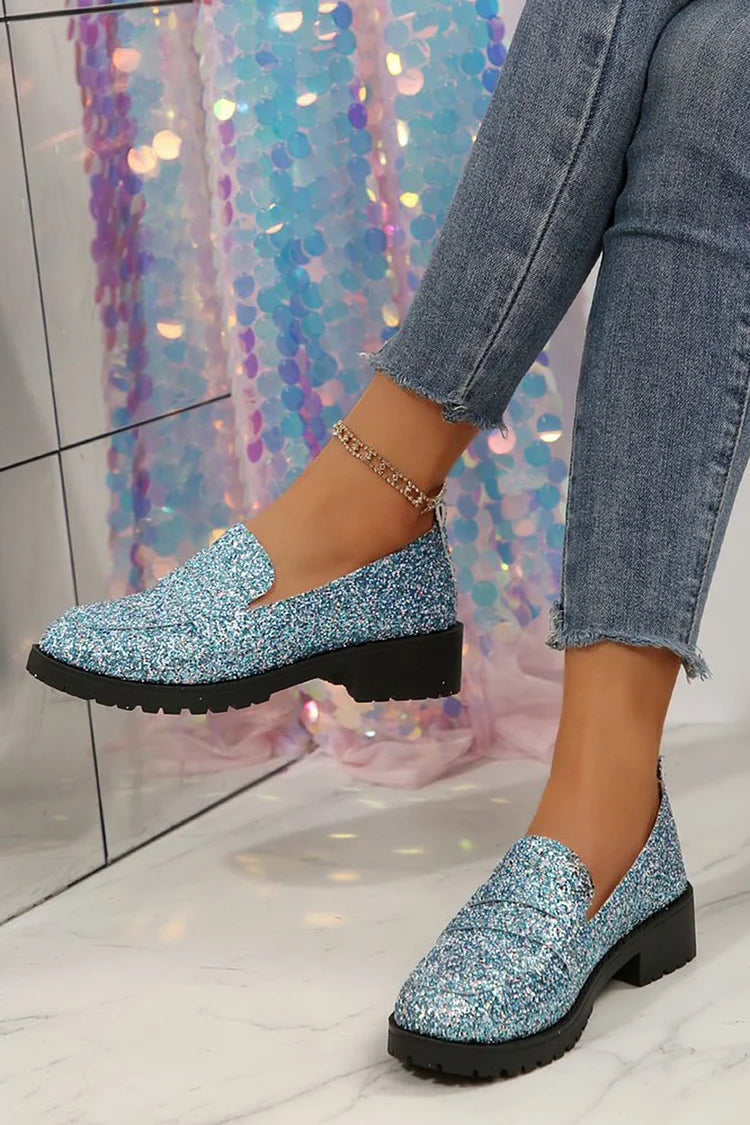 Brokatowe mokasyny typu slip-on z okrągłym noskiem, niskim blokowym obcasem i wzorem patchworkowym