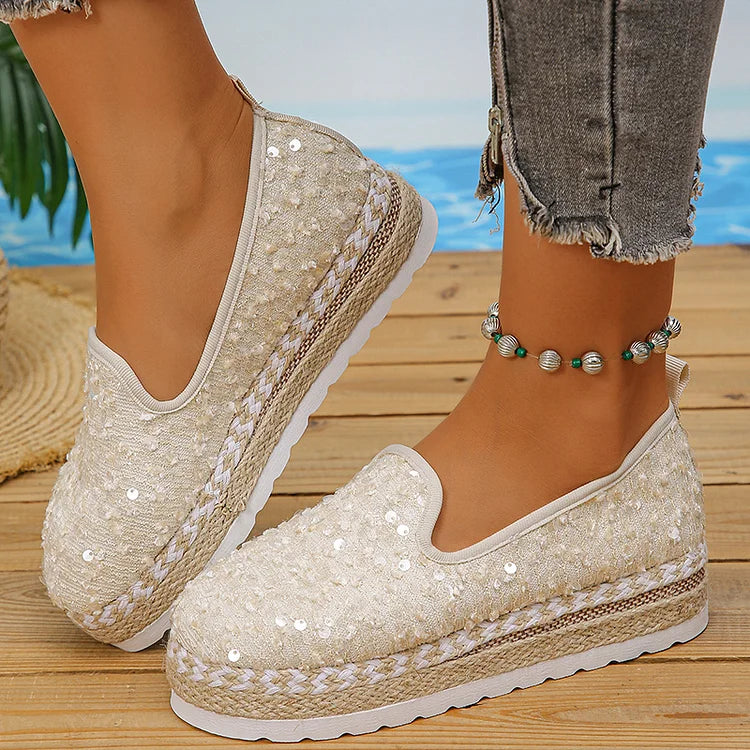 Sequin Woven Espadrille Round Toe Plain Platform Loafers