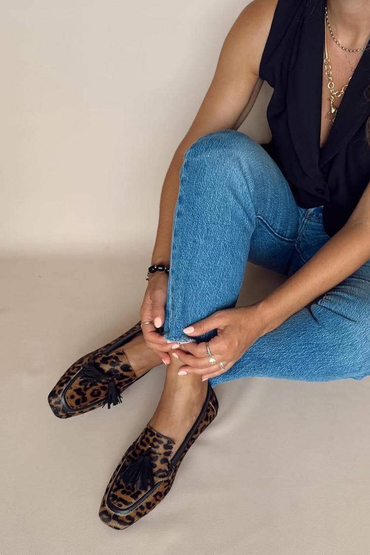 Loafers mit Leopardenmuster, Quastenverzierung, quadratischer Spitze, braun [Vorbestellung]