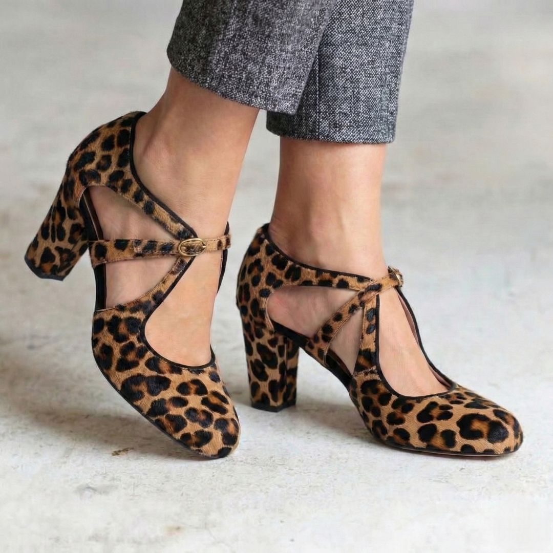 Leopard Print Round Toe Multi Strap Crisscross Block Heels [Pre Order]
