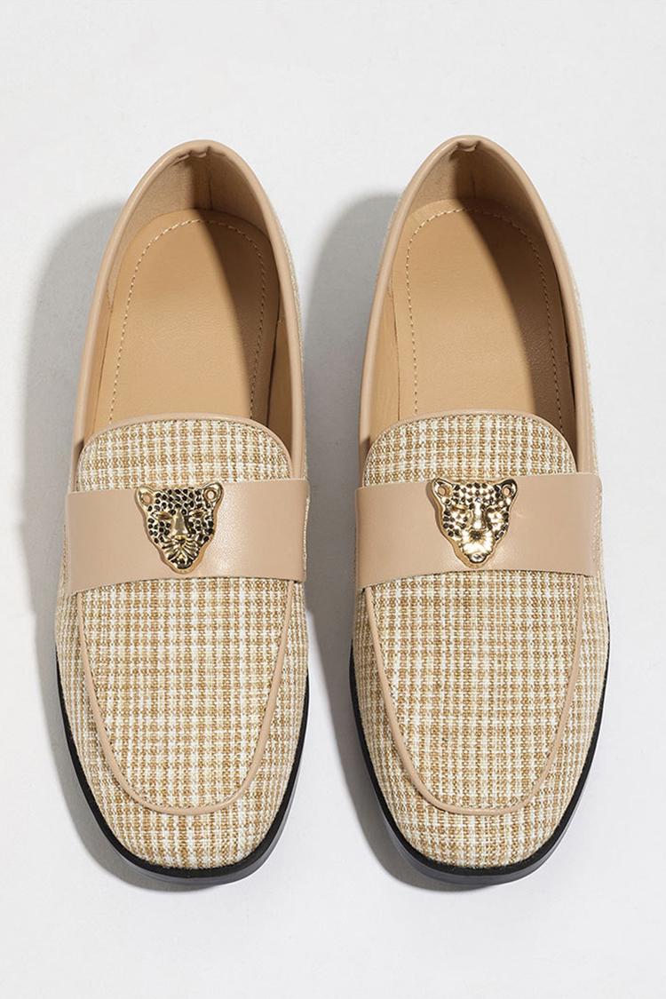 Metall Leopard Kopf Dekor Patchwork Quadratische Zehe Freizeit Slipper