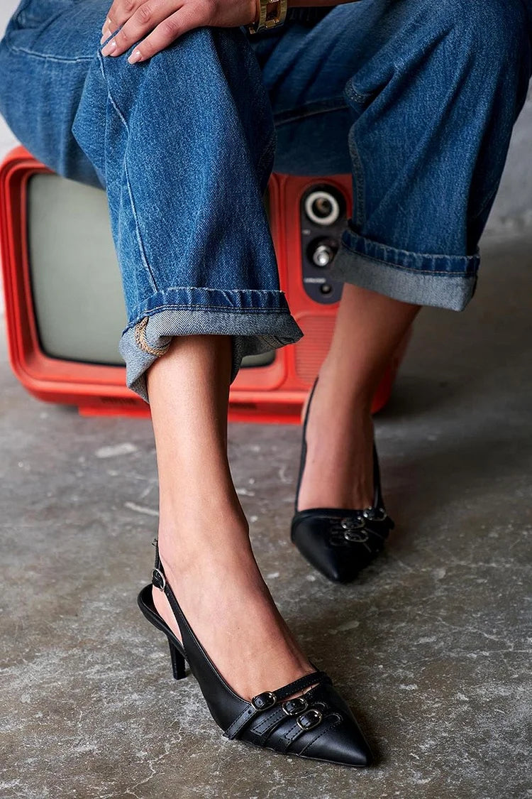 Scarpe con tacco a spillo nere con cinturini e fibbie a punta [Pre-ordine]