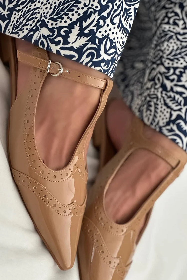 Patchwork T-Strap Buckle Pointed Toe Light Brown Flats [Pre Order]