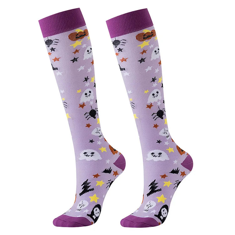 Calcetines por encima de la pantorrilla con estampado de estrellas, casa embrujada, calavera y fantasma de Halloween 