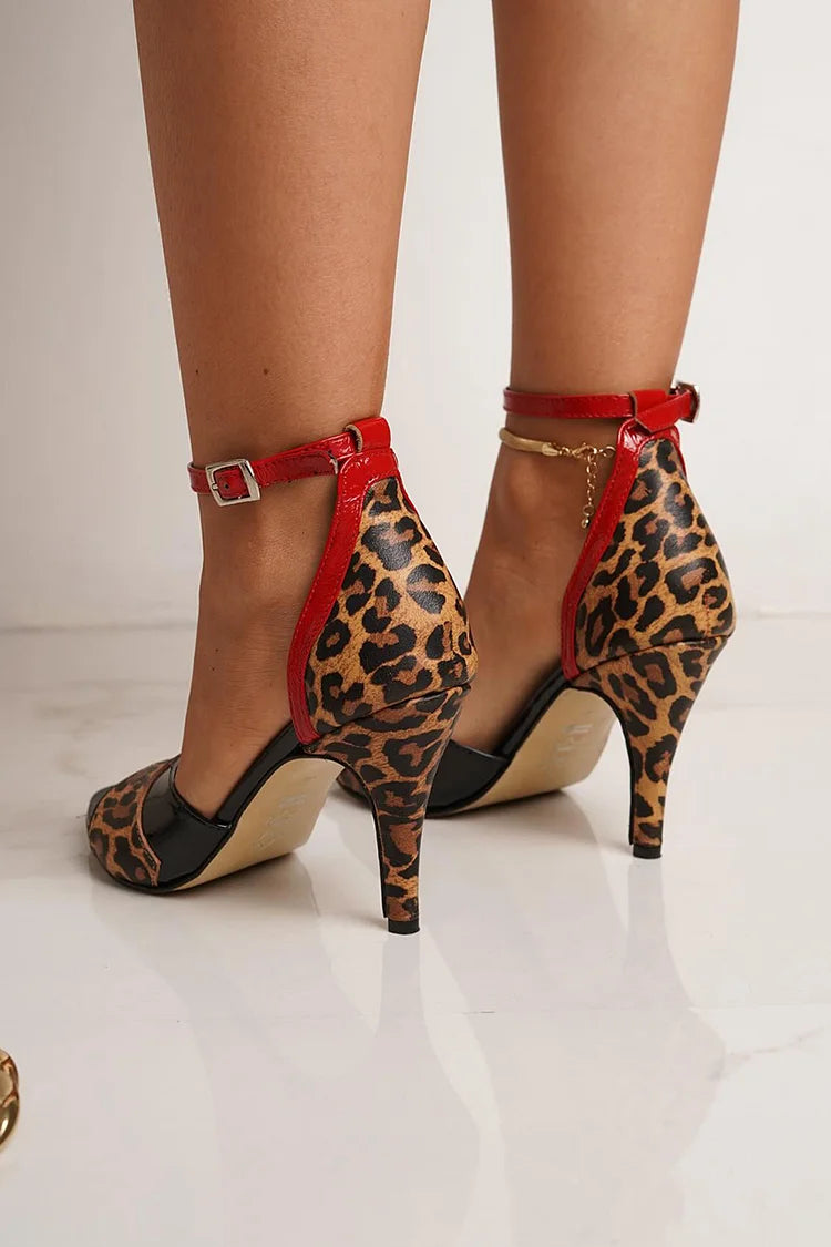 Tacco a spillo con fibbia e cinturino alla caviglia, stampa leopardata, patchwork [Pre-ordine]