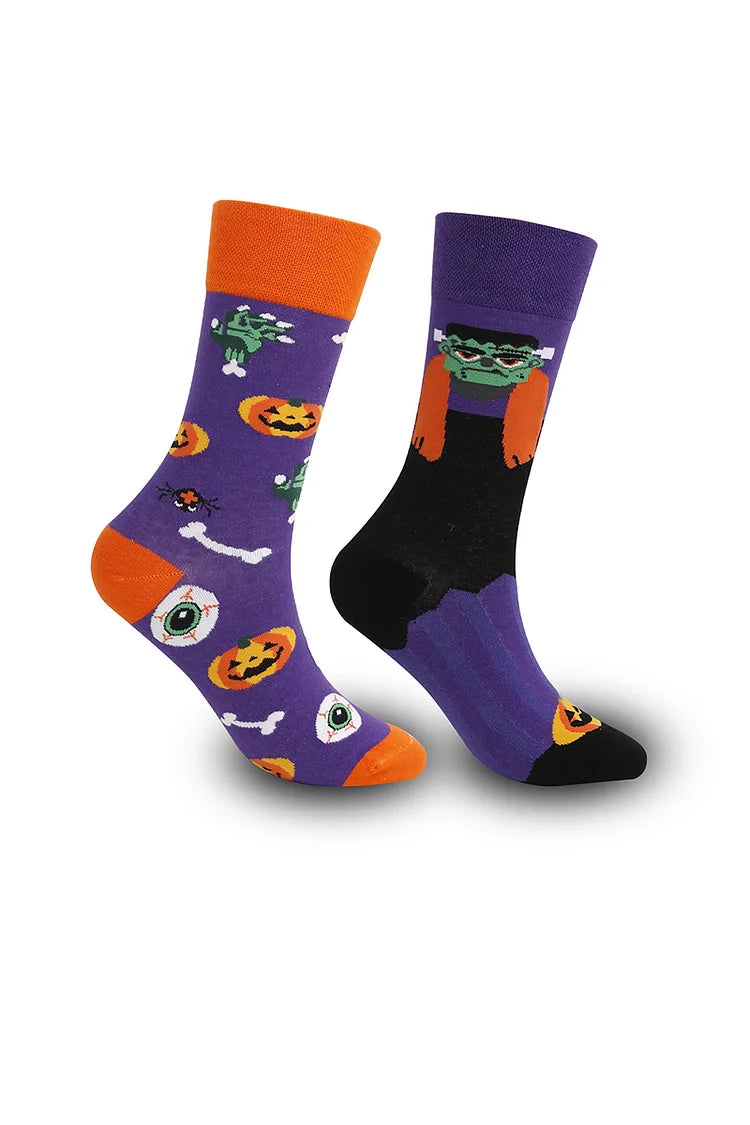 Calcetines de media pantorrilla con estampado geométrico de calaveras asimétrico y multicolor de Halloween 