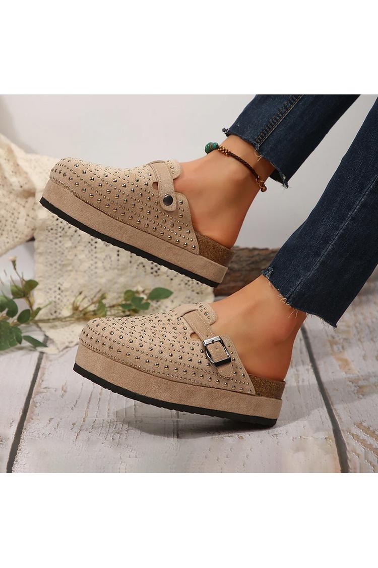 Pantofole casual con punta rotonda, fibbia e cinturino decorati con perforazione a caldo 