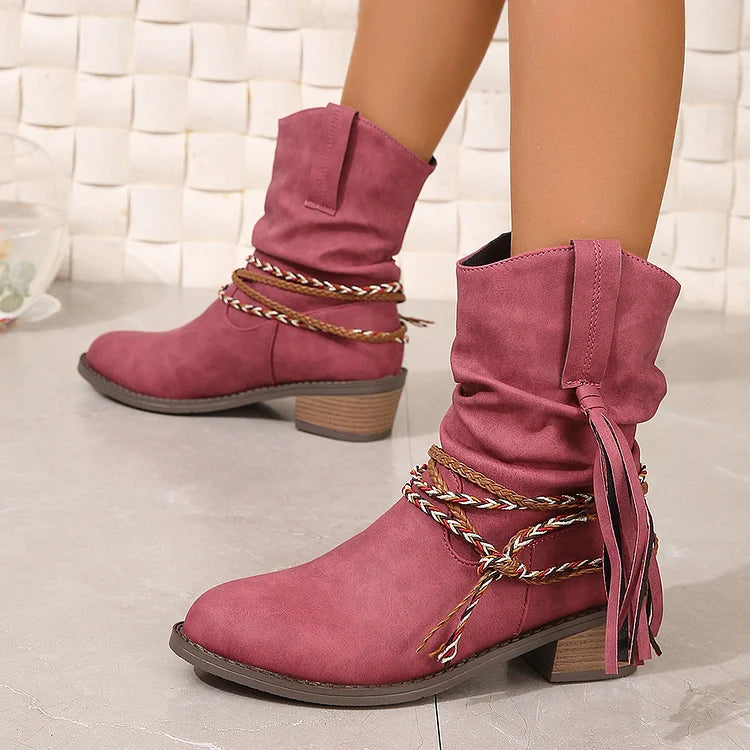 Braided Rope Tassel Decor Slouch Pointed Toe Chunky Heel Ankle Boots