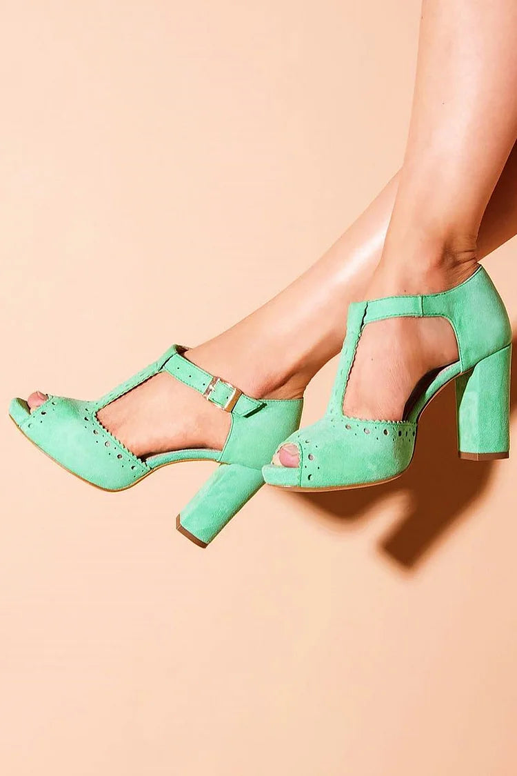 Oco Peep Toe T-Strap Fivela Salto grosso verde