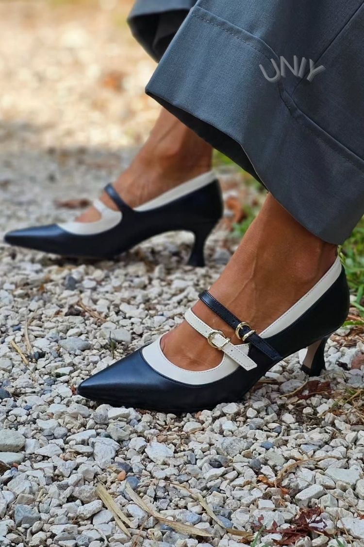 Black Pointed Toe Color Block Mary Jane Kitten Heels [Pre Order]
