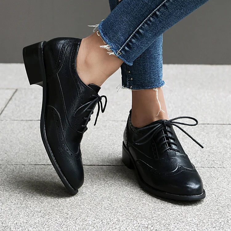 Patchwork Solid Color Round Toe Low Block Heel Lace Up Brogue Oxfords