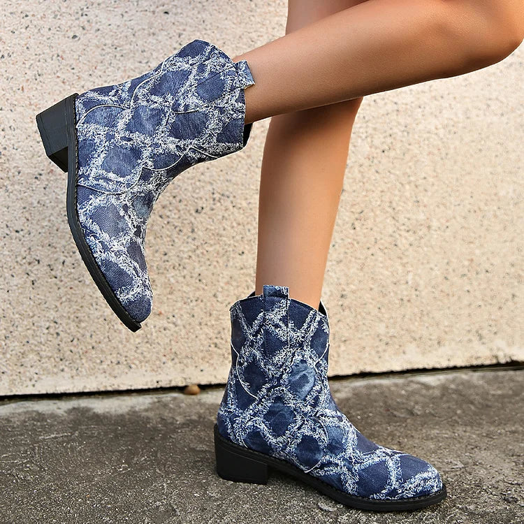 Raw Trim Print Patchwork Round Toe Chunky Heel Mid Boots