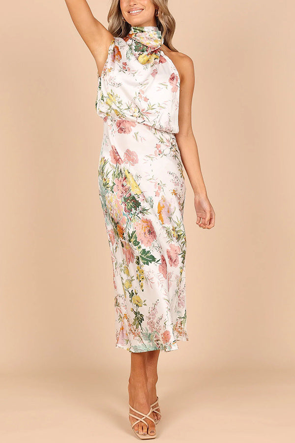 Vestido maxi floral com decote halter e cintura elástica