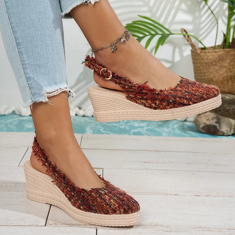 Raw Trim Pointed Toe Slingback Strap Buckle Wedge Sandals