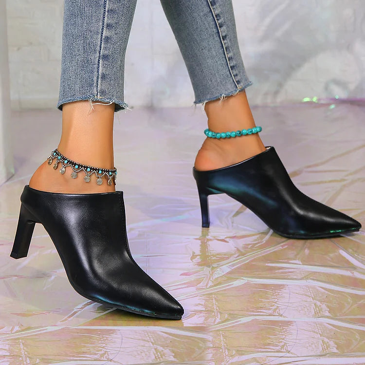 Solid Color Stitch Detail Pointed Toe Slip On Chunky Heels
