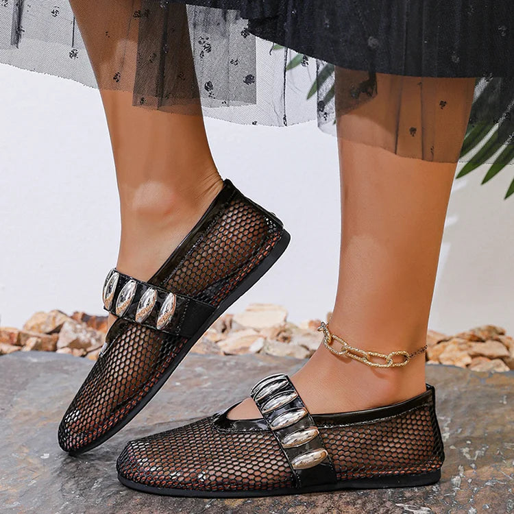 Hollow Out Mesh Patchwork Metal Decor Slip On Loafers