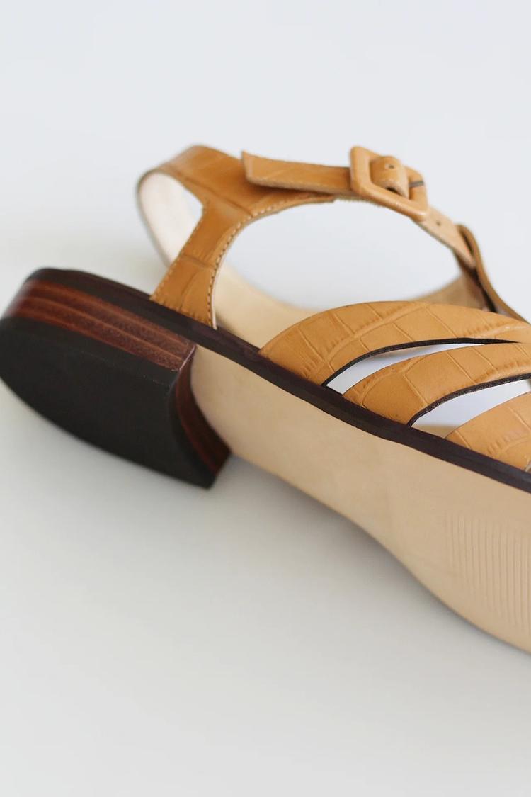 Woven Hollow Out T-Strap Buckle Pointed Toe Khaki Sandals [Pre Order]