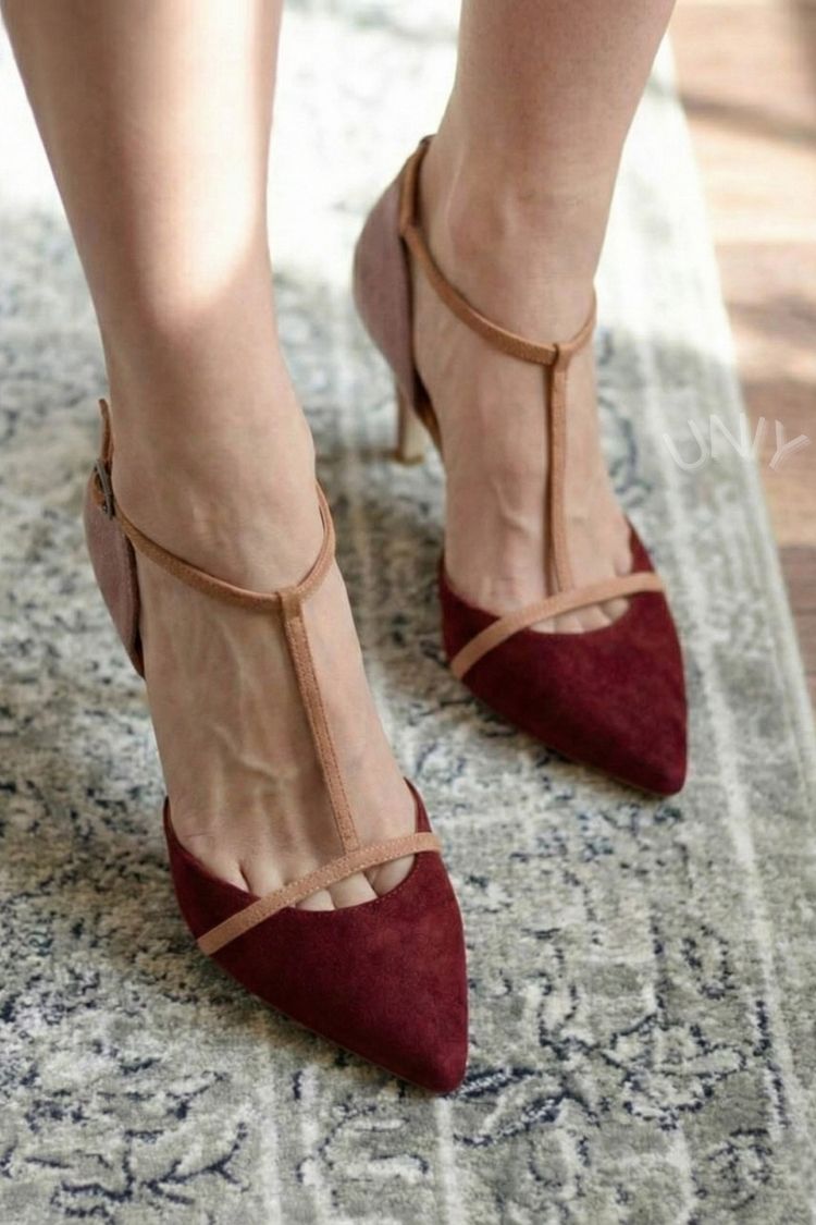Chique Color Block Suède Puntige T-Strap Stiletto Hakken [Pre Order]