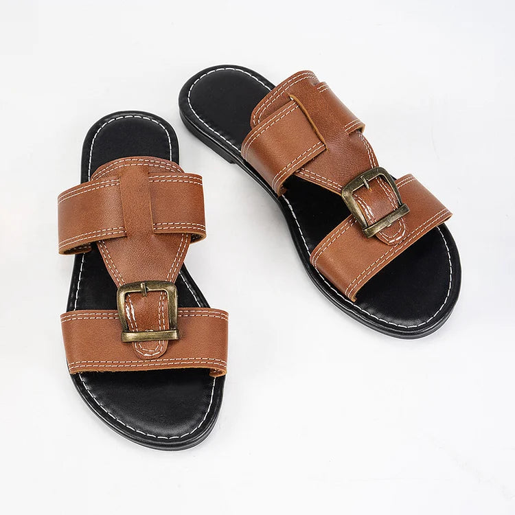 Pantofole casual con punta rotonda, fibbia e cinturino patchwork con dettagli cuciti 