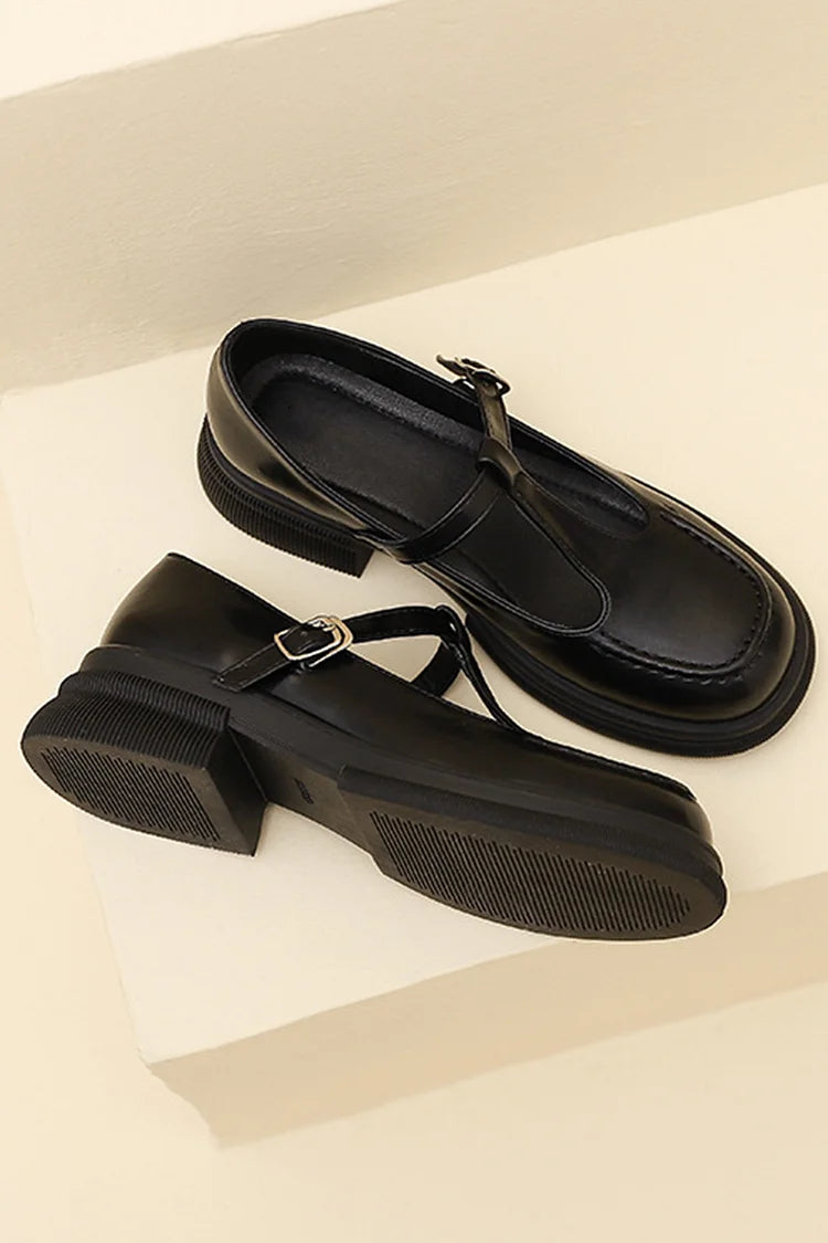 T-Strap Buckle Round Toe Stitch Detail Casual Loafers