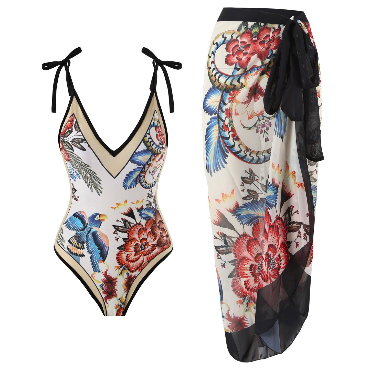 Floral Print V Neck Tie Shoulder One-piece Swimwear and Wrap Cover Up Skirt Set