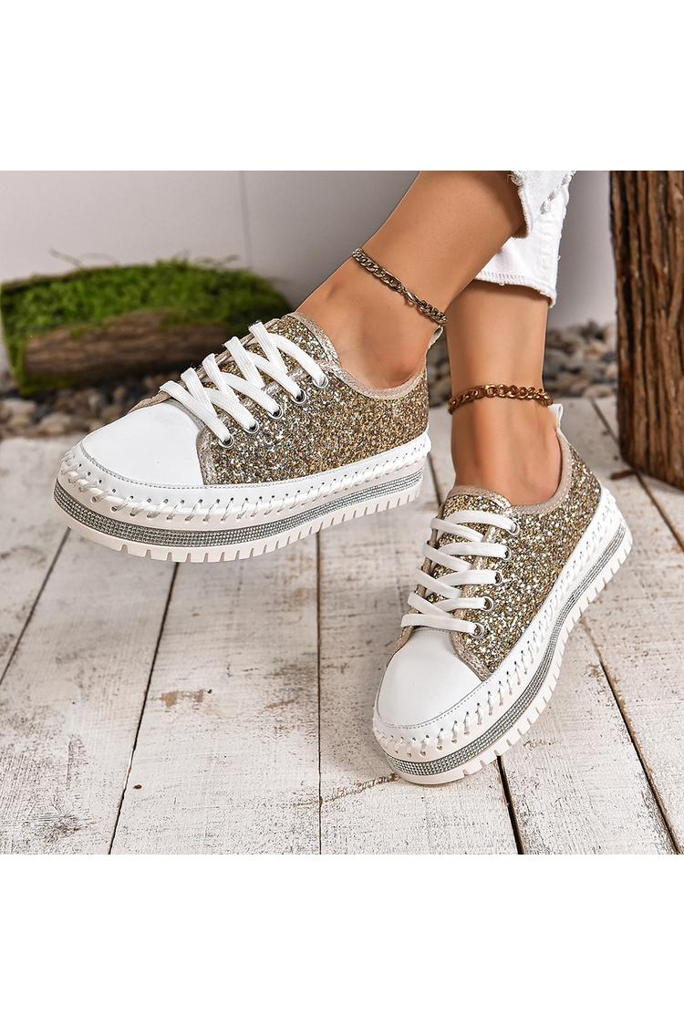 Sneakers casual con lacci e punta tonda con patchwork scintillante e dettagli cuciti 